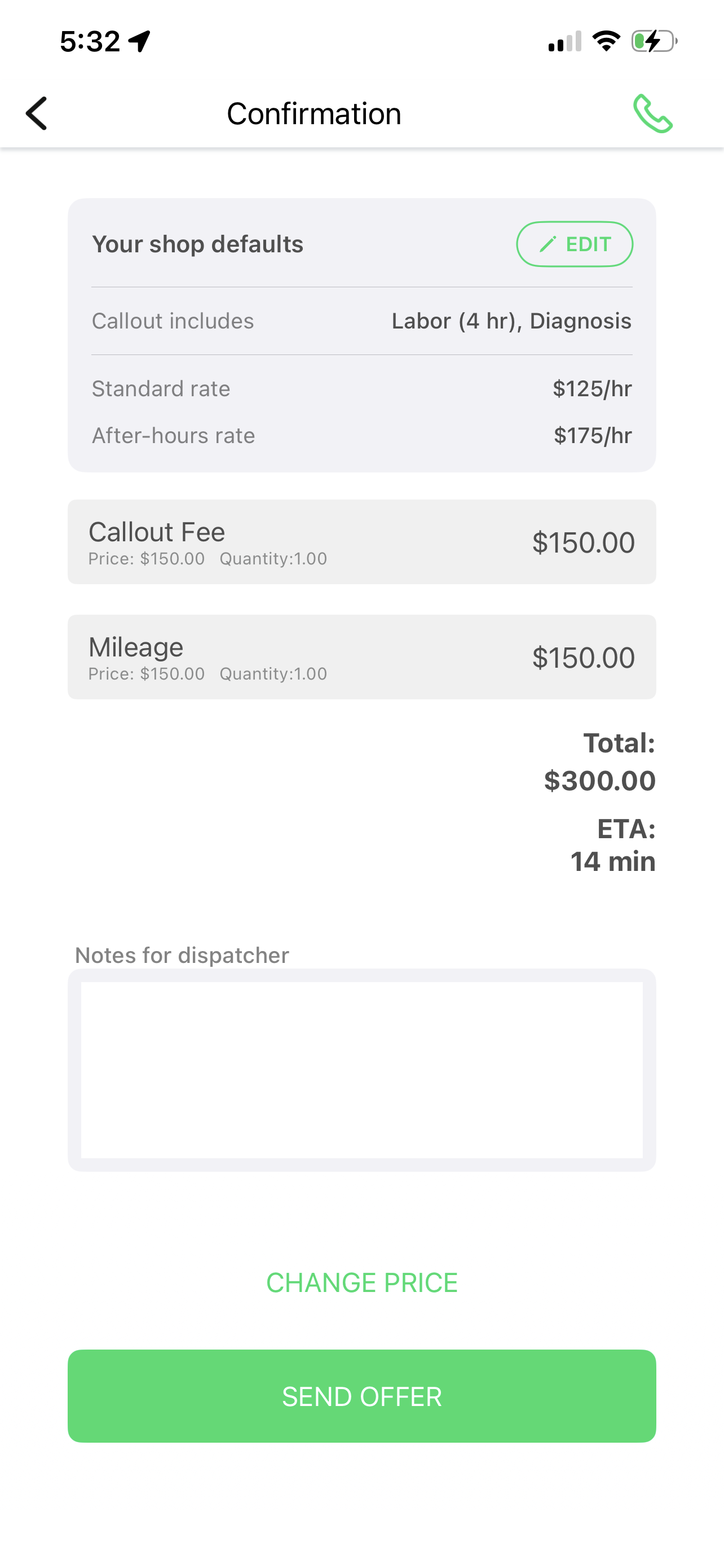 Mechanic confirming the offer with total and ETA before sending