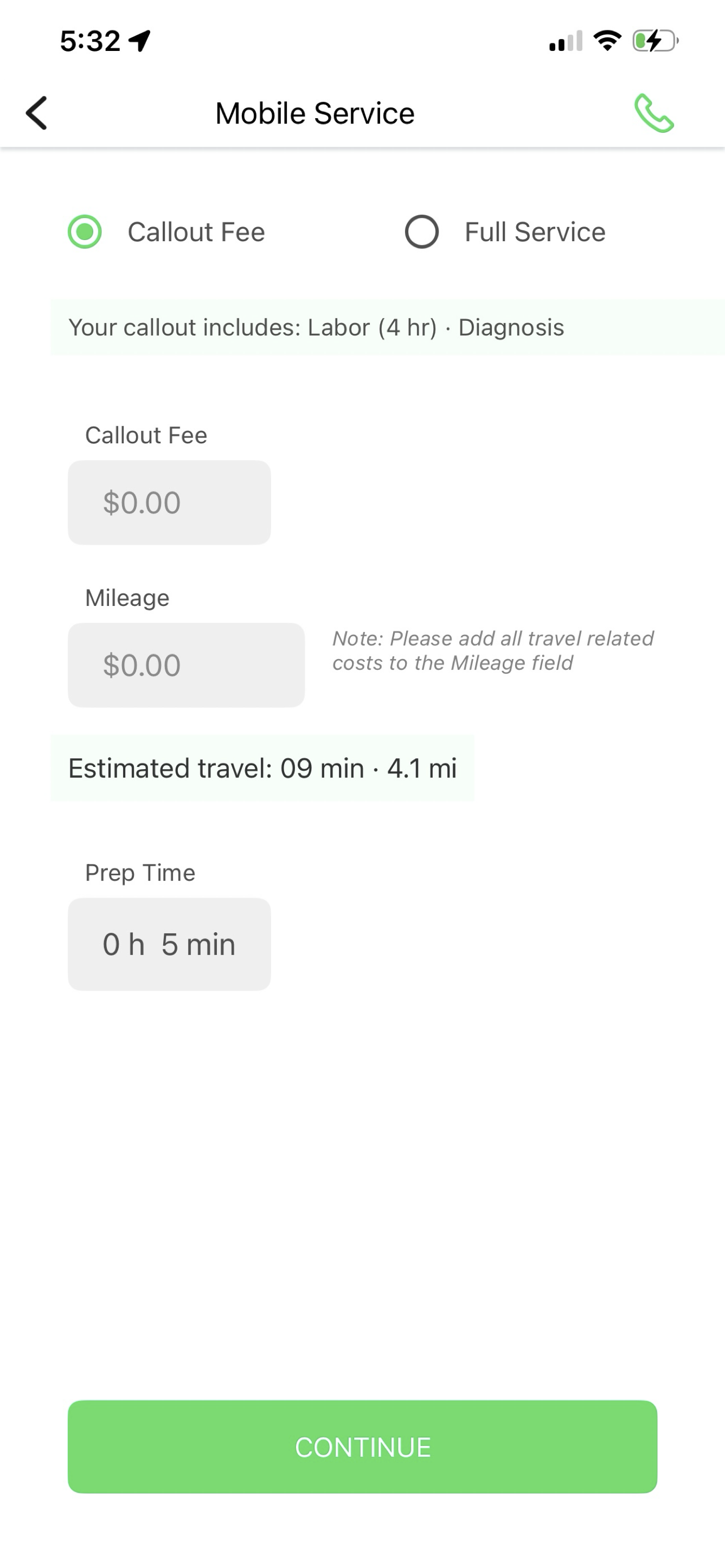 Mechanic setting callout fee, mileage, and prep time in the Rig app